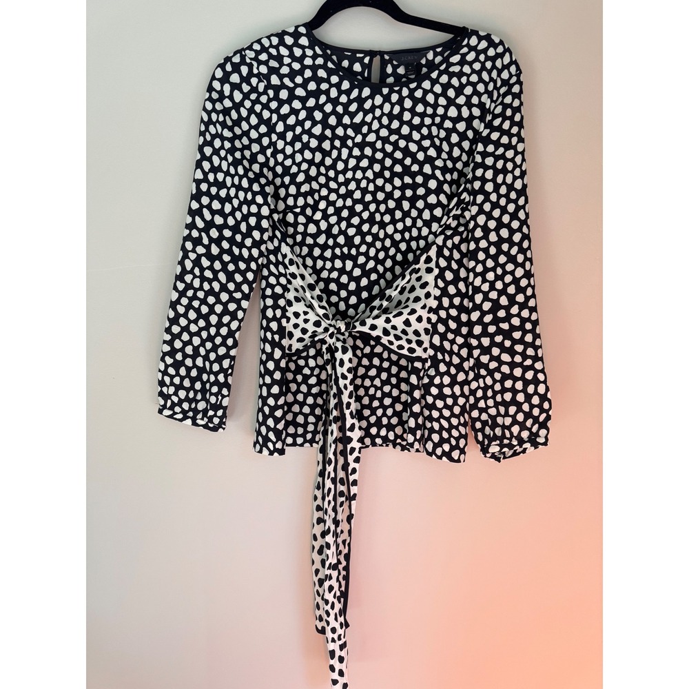 J.Crew‎ 100 % Silk Tie Front Blouse Black White Polka Dot Long Sleeve Top Size 4